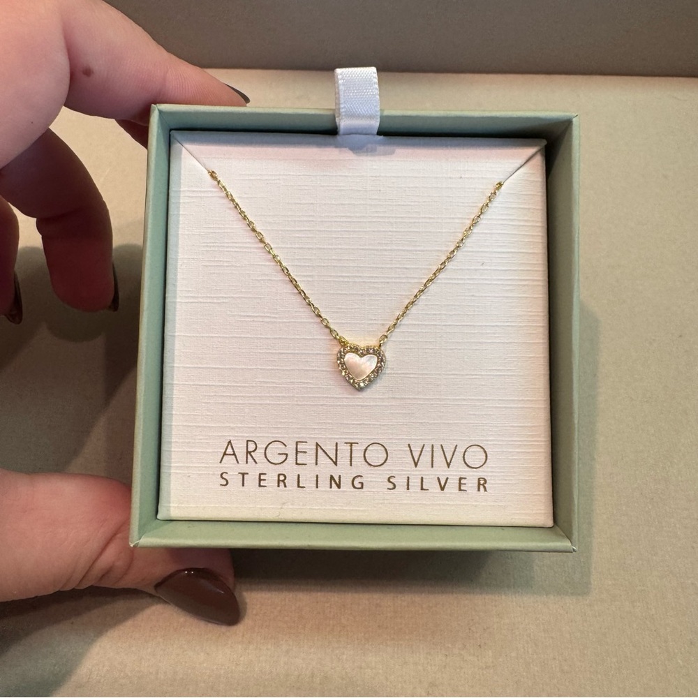 NWT/NIB Argento Vivo Mother of Pearl & CZ Heart Necklace 14k Gold over 925 SS